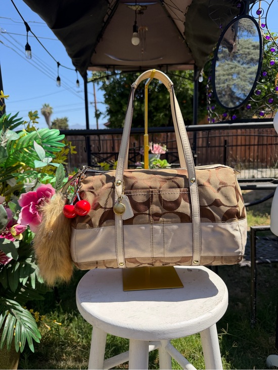 Coach Handbags - Coach Khaki/Beige Signature Canvas Shoulder Bag with Pearl Charm